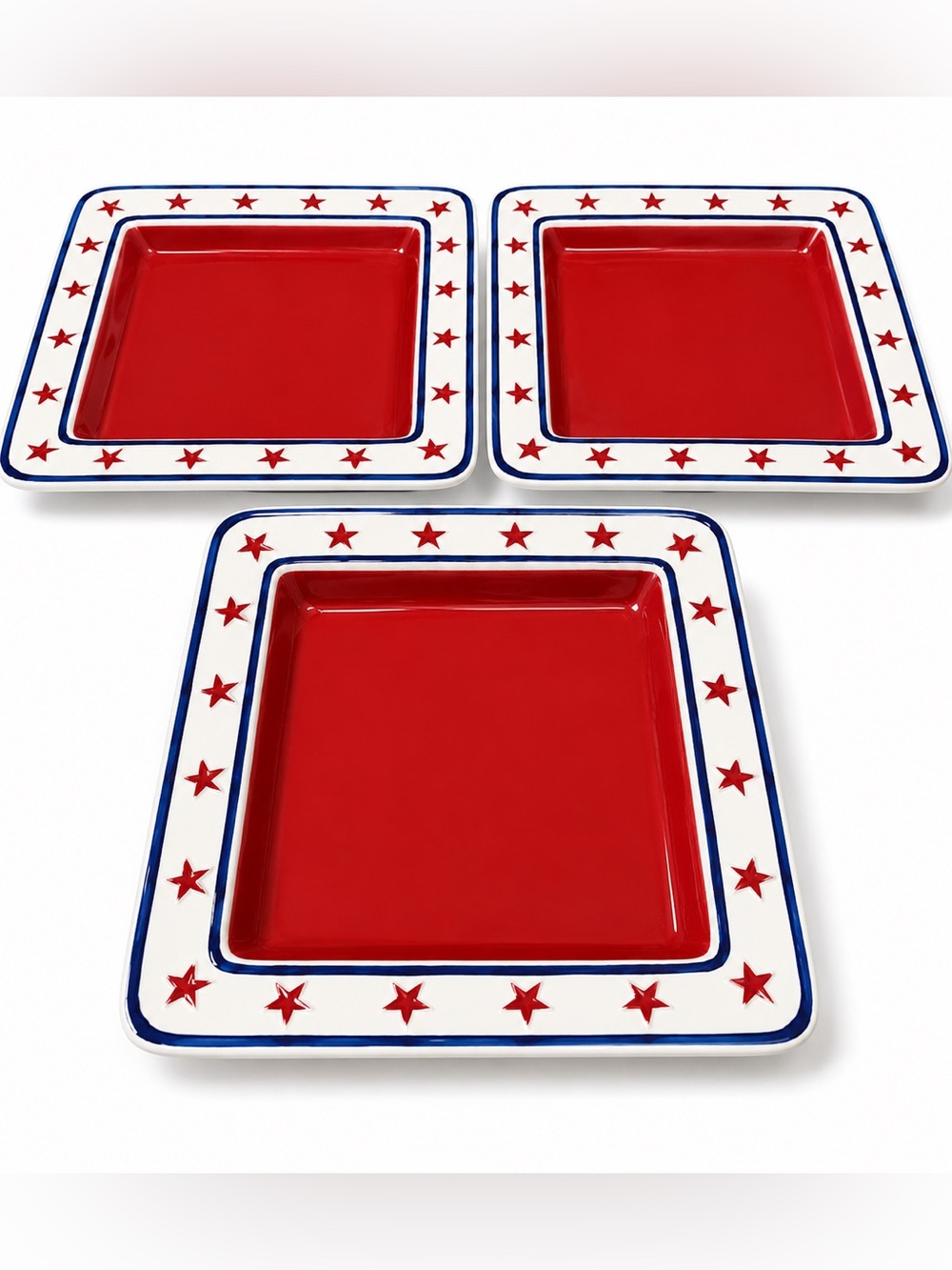 Sonoma Patriotic Red White Blue Star Square Dinner Plates Set of 3 Ceramic